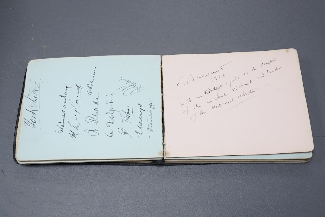 A mid 1920s autograph album containing signatures from the world of classical music, collected by Joan Wynn Reeves, daughter of the violinist and conductor Herbert Wynn Reeves, including a hand written letter from Sir Ed